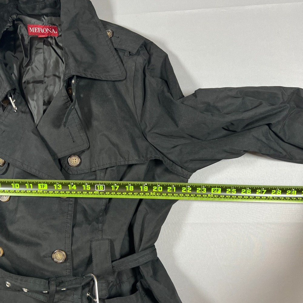 Merona Trench Coat Womens 1 Black Cotton Double Breasted Belted Waist Minimalist - Picture 8 of 12
